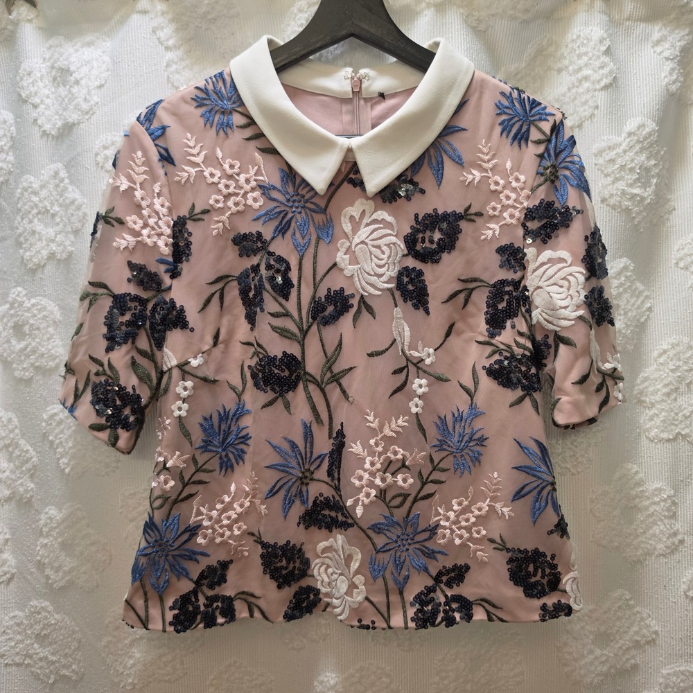Ivanka Trump Pink Floral Embroidered Sequin Peter Pan Collar Blouse Top RN 54163
